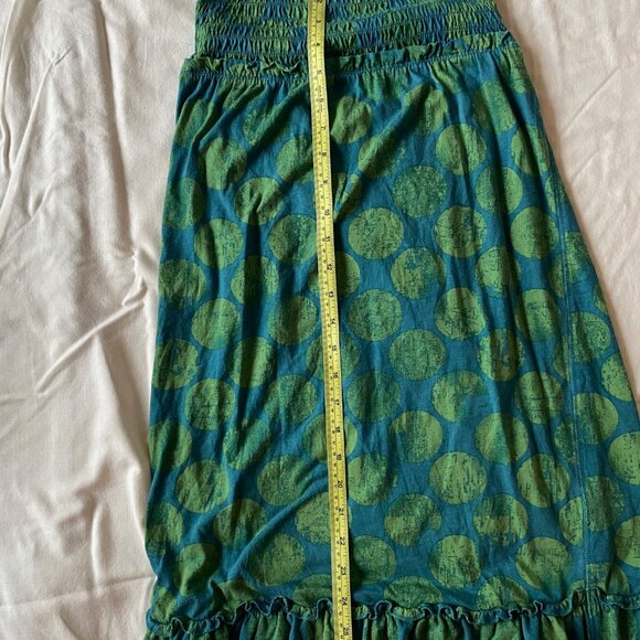 Green and Blue Polka Dot Halter Dress with Shirring Top and Ruffle Detailing - Picture 11 of 12